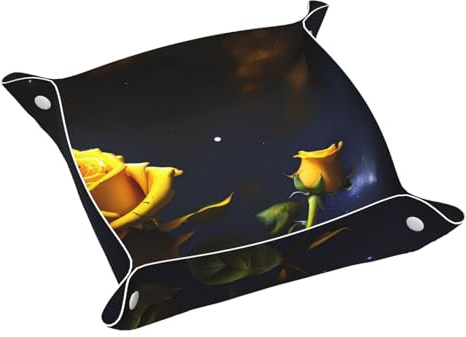 Plateau de rangement pratique en cuir avec roses jaunes et nuit étoilée pour table de chevet, table de chevet, utilisation à la maison et au bureau