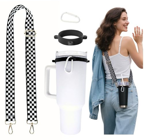 Adjustable Hands-Free Holder for Stanley Cups Universal Silicone Bottle Strap Hydro Flasks 40oz & 30oz Bottles Dishwasher Safe Buckle for Hiking (Black Ring)