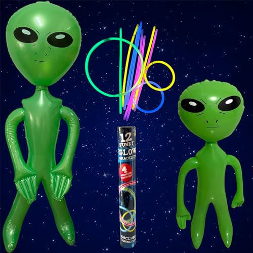 XXL Set 2 Alien Aufblasbar 170cm Und 64cm Mit 12 Knicklichter, Leuchtarmbänder, Leuchtstäbe, für Kinder & Erwachsene - Neon Party Deko, Halloween, Karneval, Cosplay
