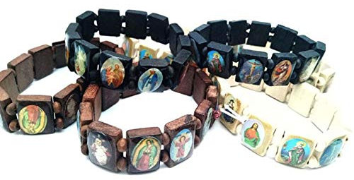Casiler 4 Stück Holz-rosenkranz-Jesus-Armband, Elastischer Stretch-armreif, Katholischer Schmuck, Holz-Ikone, Elastisches Perlenarmband