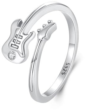 Kerraom 925 Sterling Silber Ring Damen Verstellbarer Offener Ring Silberner Bass Ringe für Bassisten Adjustable Guitar Design Punk Rock Musikring Geschenk für Frauen Mädchen Teenager