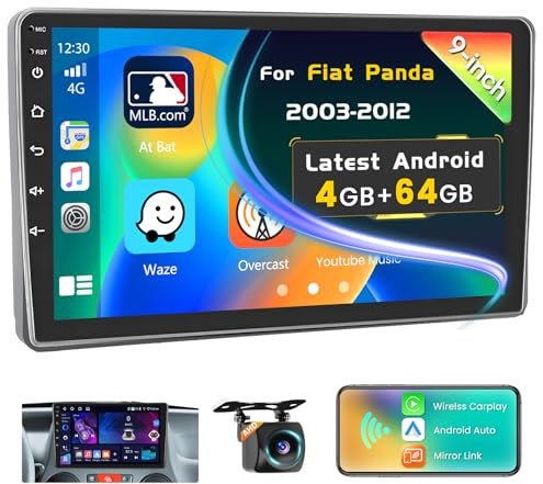 Inefala 4G+64G Autoradio Android 15 per Fiat Panda 2003-2012 con Wireless CarPlay Android Auto, 9 Touchscreen Stereo Auto Bluetooth con GPS WiFi RDS/FM SWC MIC Retrocamera
