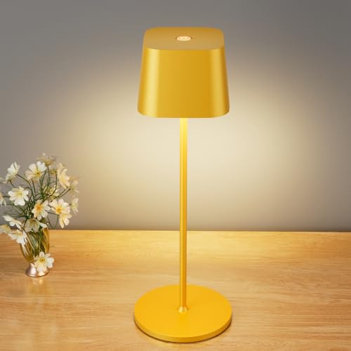 brightower Tischlampe Kabellose, Wiederaufladbar 3 Farben(3000-6000K) LED Tischleuchte,Dimmbare Akku Tischlampe Für Innen und Aussen mit USB-C,IP54 Wasserdichte Aluminium Tischleuchte (Gelb)