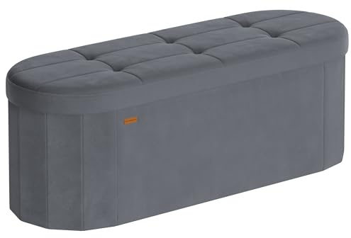 SONGMICS Sitzbank mit Stauraum, Samt, 110 L, 38 x 110 x 38 cm | Aufbewahrungsbox, faltbare Fußbank, einfacher Aufbau, schiefergrau, MINOTA Kollektion LSF297GN01