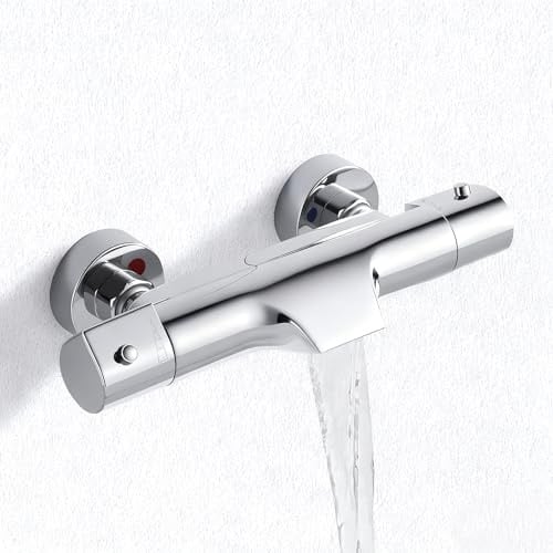 Mitigeur Baignoire Thermostatique Bain Douche Bec Cascade Chromé en Laiton | Robinet Baignoire Thermostatique avec Bouton de Sécurité à 38℃, Robinet de Douche avec 2 Sorties, Entraxe 150mm
