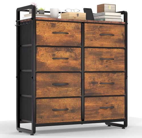 HOKEEPER Kommode 8 Schubladen Stoffbezug | Sideboard, Chest of Drawers, Stoffschubladen, Holz, mit Schubladen, für Küche, für Schlafzimmer, für Flur