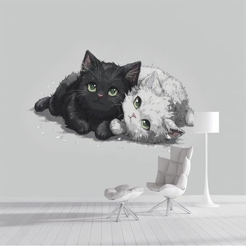 Tapeten Wandbild Weiße Katze, Schwarze Katze, Niedliches Cartoon-Tier Wandtapete Hintergrundbild, Sofa Schlafzimmer Tapete Wandpapier Fototapete Grau Effekt Tapeten Wohnzimmer 150x105cm