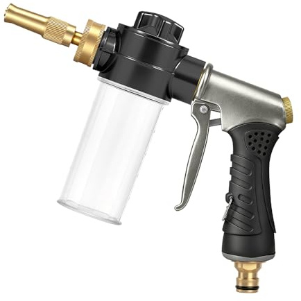 Metall Gartenbrause mit 100-ml-Seifenspender, Gummierter Griff, Hochdruckpistole Garten Spritze Gartenschlauch Brause, Verstellbarer Wasserdurchfluss für Bewässerung, Autowäsche(kürzerer Sprüher)
