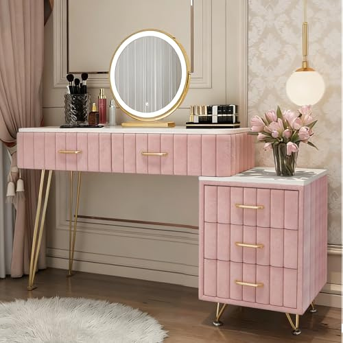 MJKCBD Velvet Dressing Table, LED Lighted Mirror with 3 Color Dimmable, Modern Large Storage Vanity Desk with 5 Drawers & Side Cabinet, 39.4inch Makeup Desk with Gold Handle for Girls Bedroom, White
