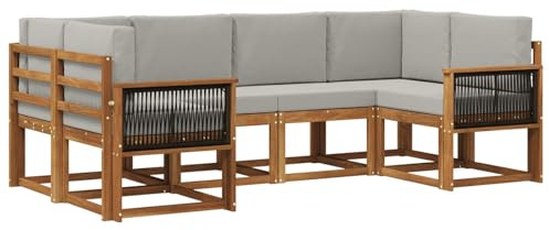 vidaXL Outdoor-Sofagarnitur mit Kissen 6 pcs Natürlich und Hellgrau, Akazienholz, modernes Gartensofa, Outdoor-Sitzgruppe, Gartenmöbel für die Veranda, wetterfest