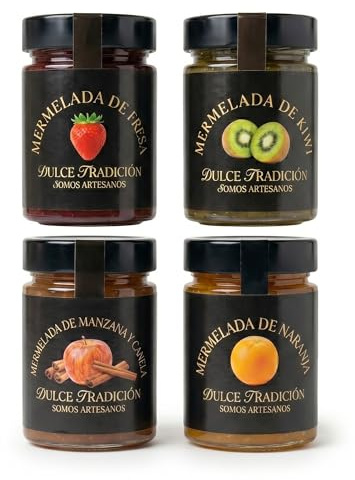 Confiture Dulce Tradición. Fabrication artisanale. Lot de 4 pots de 390 gr. Pomme et cannelle, orange, kiwi et fraise. 63% de fruits frais de saison. Sans conservateurs ni colorants.