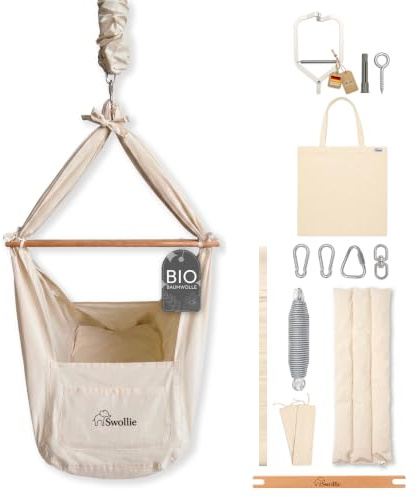 SWOLLIE Federwiegen-Reise-Set | für Babys ab Geburt bis 15 Kg | Federwiege mit praktischer Türklammer | Bio-Baumwolle | Matratze mit Schafwolle | platzsparend und praktisch auf Reisen
