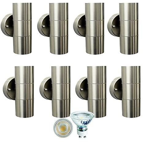 8 x hochwertige Edelstahl-LED-Außen-Wand-Leuchte-Lampe-Spot Bornholm, Up-/Down-Light, IP44, inkl. GU10 Leuchtmittel 16 x 7W
