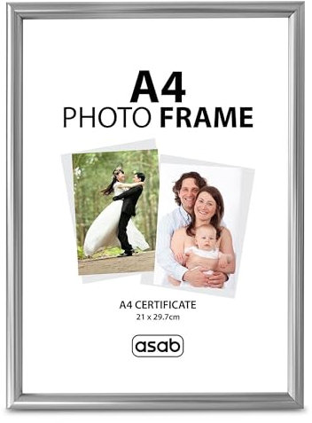 ASAB Pack of 1 A4 Frame Wall Hanging Hooks Flat Classic Design A4 Picture Frame with Quick Photo Insertion Clear Acrylic Display for Table Top A4 Picture Frame for Home and Office (Silver)