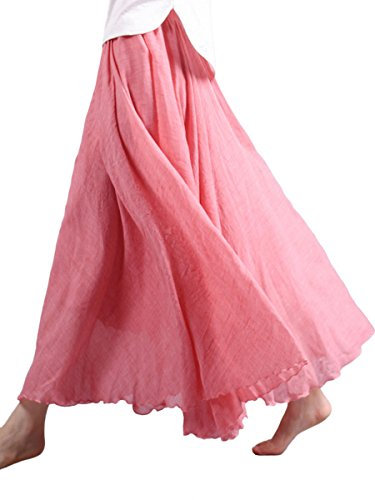 Mujer Algodón Lino Falda Larga Maxifalda Playa Cintura Maxiskirt Elástica Doble Capa para Vacaciones Casual - Longitud 85cm Rosa Fresa