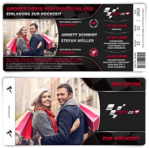 100 x Hochzeitseinladungen Einladungskarten individuell mit echtem Abriss - Motorrad Rennen Ticket
