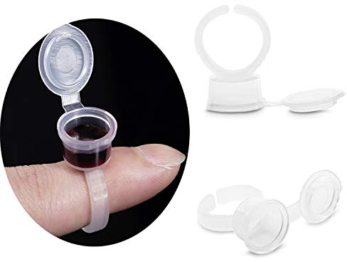 YouU 50 Pcs Makeup Pigment Ink Glue Cup Tattoo Finger Plastic Nail Art Tattoo Rings Holder Container with Cover Lid Eyebrow Refill Color Eyelash Cap Hand Tool