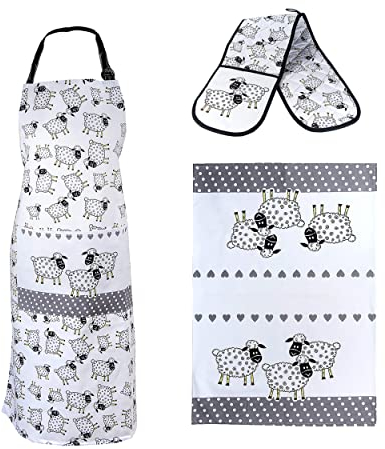 SPOTTED DOG GIFT COMPANY 3 Piece Kitchen Textiles Set - Sheep Apron, Double Oven Gloves & Tea Towel, 100% Cotton, Farm Animal Themed Kitchen Accessories for Cooking & Baking, Sheep Gifts