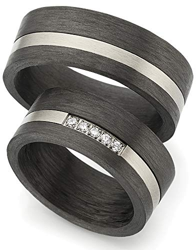 123traumringe Eheringe in Carbon & Titan I Partnerringe mit 5 Zirkonia & Etui I Gravierbare Eheringe mit Ringgröße 50-70 mm I Hochwertige Verlobungsringe in 8 mm Breite & 2,4 mm Stärke I S67