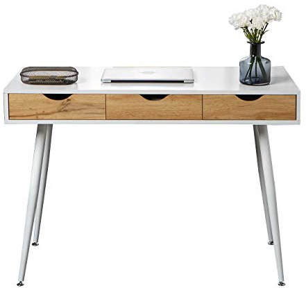 DlandHome Schreibtisch mit Schubladen Skandinavisch Kleiner Schreibtisch 110 cm Moderne Computertisch Konsolentisch Weiß Schmal Arbeitstisch Bürotisch Laptop PC Tisch für Schlafzimmer, Wohnzimmer