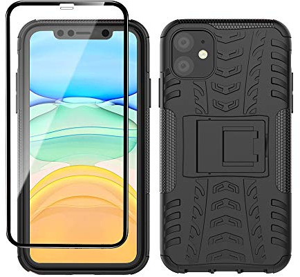 Yiakeng iPhone 11 Phone Case, iPhone 11 Case with Screen Protector, Shockproof Silicone Protective with Kickstand for iPhone 11 (Black)