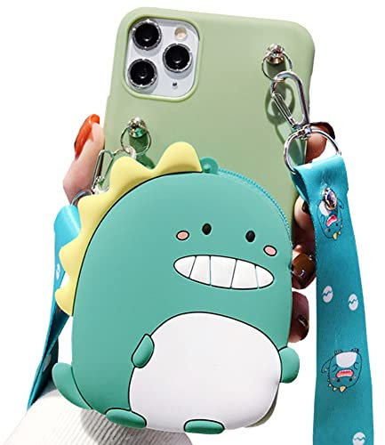 Coin Purse Case Compatible with iPhone 11 Pro Max, Cute Dinosaur Design with Zipper Back Cover Soft Silicone Shockproof Protective Case [Long Strap Rope ] (Dinosaur, iPhone 11 Pro Max)