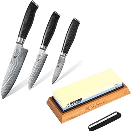 Wakoli 3er Damastmesser-Set Mikata mit Schleifstein, Klingenlängen 8,5 bis 17 cm, Profi Kochmesser, Damast Küchenmesser Set mit Micarta Griffen, inkl. Schleifstein Körnung #1000/4000 mit Schleifhilfe