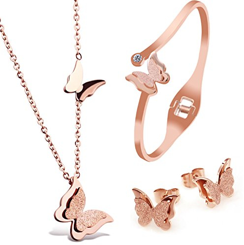 Kim Johanson Edelstahl Damen Schmuckset *Butterfly* Halskette mit Anhänger, Ohrringe und Armreif in Roségold | Mit einem Kristall besetzt | Boho Schmuck inkl. Schmuckbeutel