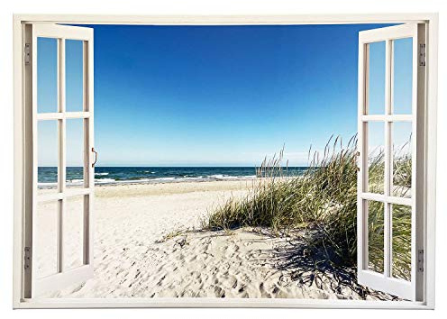 Advertising & Displays Werbecenter Berlin GmbH Leinwandbild mit Fensterblick – Ostsee Strand 90 x 60 cm - Keilrahmen mit Druck