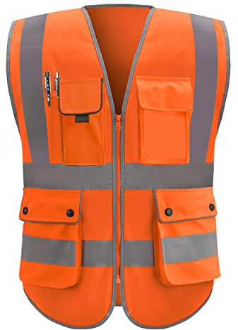XIAKE Reflektierende Sicherheitswesten der Klasse 2, mit 8 Taschen und Reißverschluss vorne, erfüllt ANSI/ISEA-Standards, Orange, 3XL