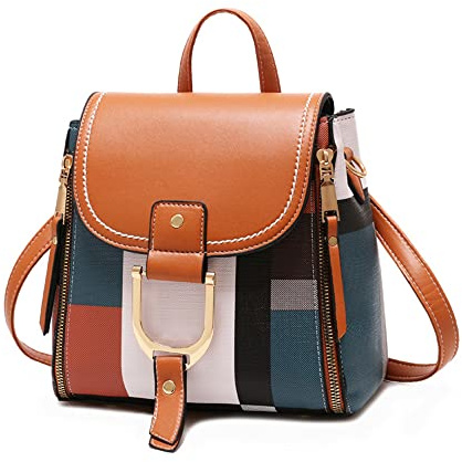 Damen Rucksack Schultertasche Kleine Umhängetasche Weiches Leder Rucksack Plaid Freizeit Reisen, nussbraun, 21cm × 13cm × 24cm