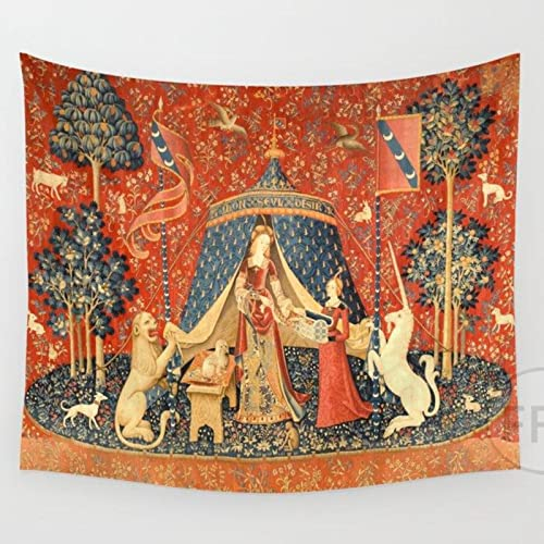 PUYYDS Die Dame und das Einhorn Tapisserie Mittelalterliche Tapisserie Wandbehang Bedruckte Heimdekoration Wandteppiche Hintergrund Raumabdeckung für Bett, Olive Brown, 180x230cm