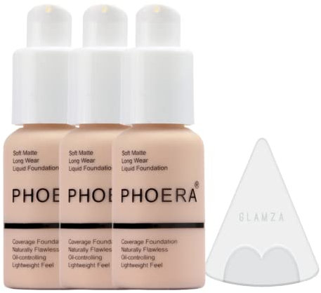 Glamza Phoera Foundation Full Coverage MakeupSet 24 Stunden lang anhaltende Ölkontrolle weiche glatte matte makellose ConcealerCreme inkl. 3 30 ml Foundation & SilikonMixerschwamm (102 Nude)