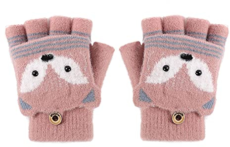 Halbfinger-Flip-Handschuhe für Kinder Unisex Cartoon Plüsch Fuchs Handschuhe Winter warme hautfreundlich Strickhandschuhe Klienkind süße Fäustlinge mit Knöpfen für 6-10 Jahre alte Jungen Mädchen