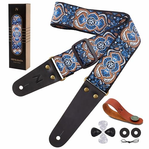 Nefelibata Gitarrengurt, Vintage bestickte Baumwollgitarrengurte mit Echtlederenden für Bass-, Elektro- & Akustikgitarren, mit kostenlosem Gurtknopf, 1 Paar Gurtschlössern und 4 Gitarrenplektren