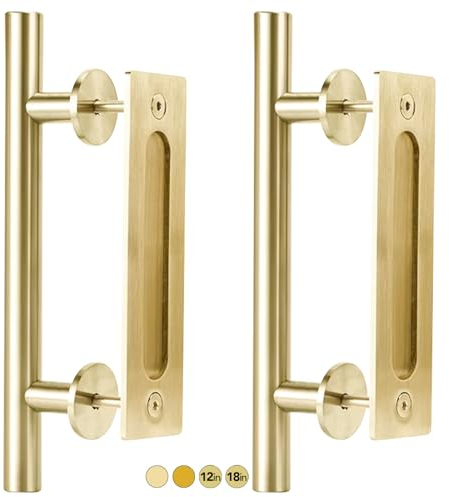 Rio Salto Kit de 2 poignées de porte de grange en laiton brossé doré de 30,5 cm – Poignée de porte de placard en acier inoxydable – Poignée de traction et poignée de porte coulissante robuste