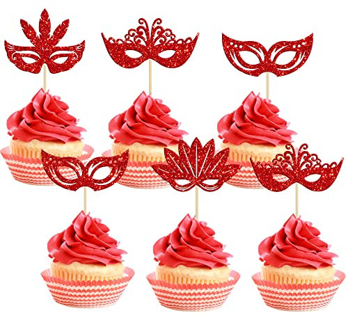 Cupcake-Aufsätze für Masken-Masken, Rot, Glitzer, Cupcake-Picks für Maskerade, Karneval, Party, Babyparty, Geburtstag, Hochzeit, Party-Dekorationen, 24 Stück