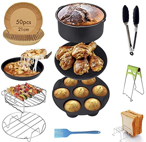 Accesorios Freidora Sin Aceite, (14pcs+50 Papel Freidora Aire), Accesorios Airfryer compatibles con Freidora sin Aceite Cecotec/COSORI/NINJA air fryer/PHILIPS/Accesorios freidora de aire Air fryer