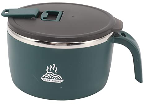 Ramen Bowl, 900ml Double Wall Stainless Steel Rapid Noodle Cooker with Drains, Lid and Handle, Mobile Phone Holder, Ramen Soup Bowl for Noddles, Office College Dorm Room Cooking (Green)