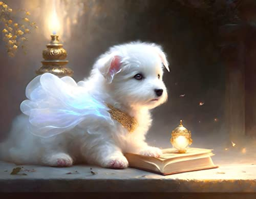 FADISA Leinwanddrucke Malerei Malerei Poster Süßer Fantasy Ghost White Dog und das Buch des Zaubers für Wohnzimmerdekoration 60x90cm