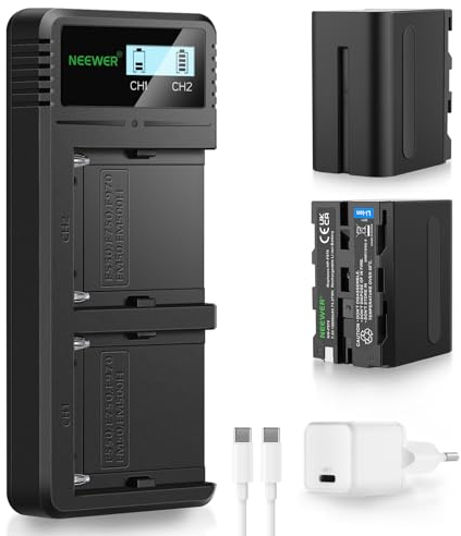 NEEWER 10050mAh NP-F970 Akku mit 20W PD Schnellladegerät Set, 2 Pack Ersatzakku für NP-F970/950/750/550 Kompatibel mit NEEWER Motorisierte Slider LED Licht Ringlicht Monitor Sony Video Kamera
