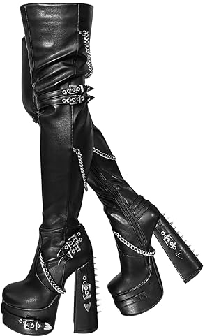 blingqueen Stivali da donna sopra il ginocchio, con tacco a blocco, punk, Poliuretano nero., 45 EU