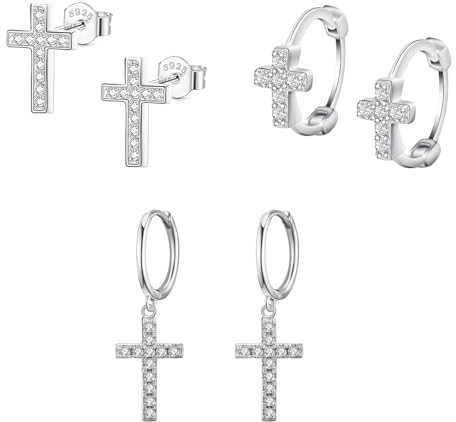 Bo Win 3 Paare Kreuz Silber Ohrringe - 925 Sterling Silber mit CZ Kreuz Earings für Damen, Mädchen, Männer, Frauen, Herren