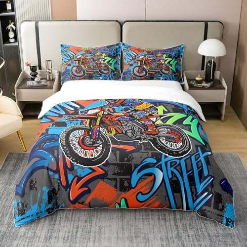 Dirt Bike 100% Baumwolle Bettbezug für Jungen Teens Männer Motorrad Bettwäsche Set 155x220 Bunte Graffiti Komfortbezug Kinder Motocross Rider Motorradfahrer Bettsets mit 1 Kissenbezug