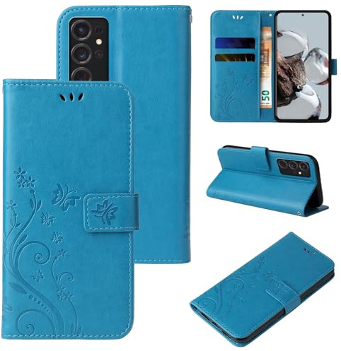 LBH Handy Hülle für Samsung Galaxy S24 Ultra Case Handytasche Schmetterling Blumen Flower Standfunktion Schutzhülle Magnet Rundum Schutz 360 Grad Flipcase Cover Blau
