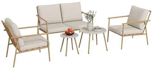 Outsunny 5-TLG. Sitzgruppe, Gartenmöbel-Set mit 2 Sesseln, Couchtisch-Set, 1 Zweisitzer, Gartengarnitur mit Sitzkissen für Balkon, Terrasse, Creme