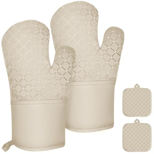 4er Set Ofenhandschuhe, 300°C Topflappen & rutschfestes Silikon Lange Backhandschuhe, Kochhandschuhe Hitzebeständige, Topfhandschuhe Ofen Handschuhe für Küche, Backen,BBQ,Auflaufform und Grillen
