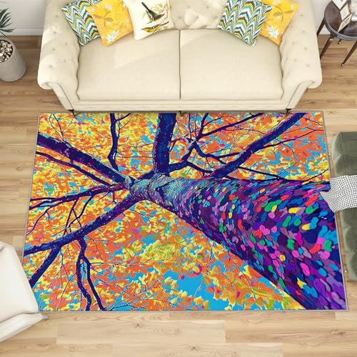 Teppich Mit Baummotiv - Teppich Wohnzimmer Schlafzimmer Pflanzenmuster, Kleiner Teppich Bunte, Weich Kurzflor & Waschbar & rutschfest Fussmatte Innen, Kinderteppich 50x80 cm