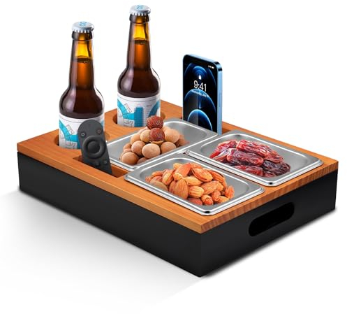 Couchbar Snackbox, Sofa Tablett,Serviertablett, Couch Bar mit 2 Getränkehalter, 3 Edelstahl Snackschalen, Abnehmbarer Deckel, Holz Sofatablett, Couch Organizer Tablett,Sofa Butler für Wohnzimmer Sofa