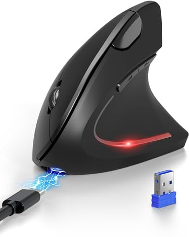 TECKNET Ergonomische Bluetooth Maus, Wiederaufladbar Kabellose Vertikale Maus (BT 5.0/3.0 + 2.4G), 6 Einstellstufen bis 4800 DPI, Optische Leise Funkmaus mit USB-A-Empfänger, Breite Kompatibilität
